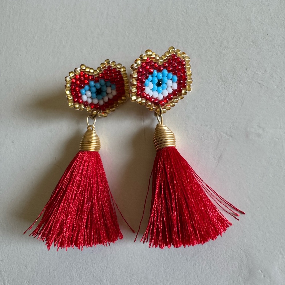 Red Beaded Heart Tassel Earrings - Women's Fashion Jewelry